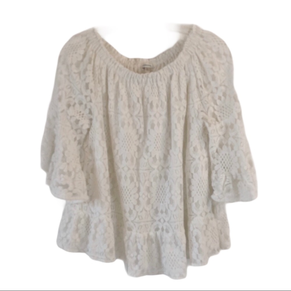 JODIFL White Lace Top Over Shoulder Top Flair Arms